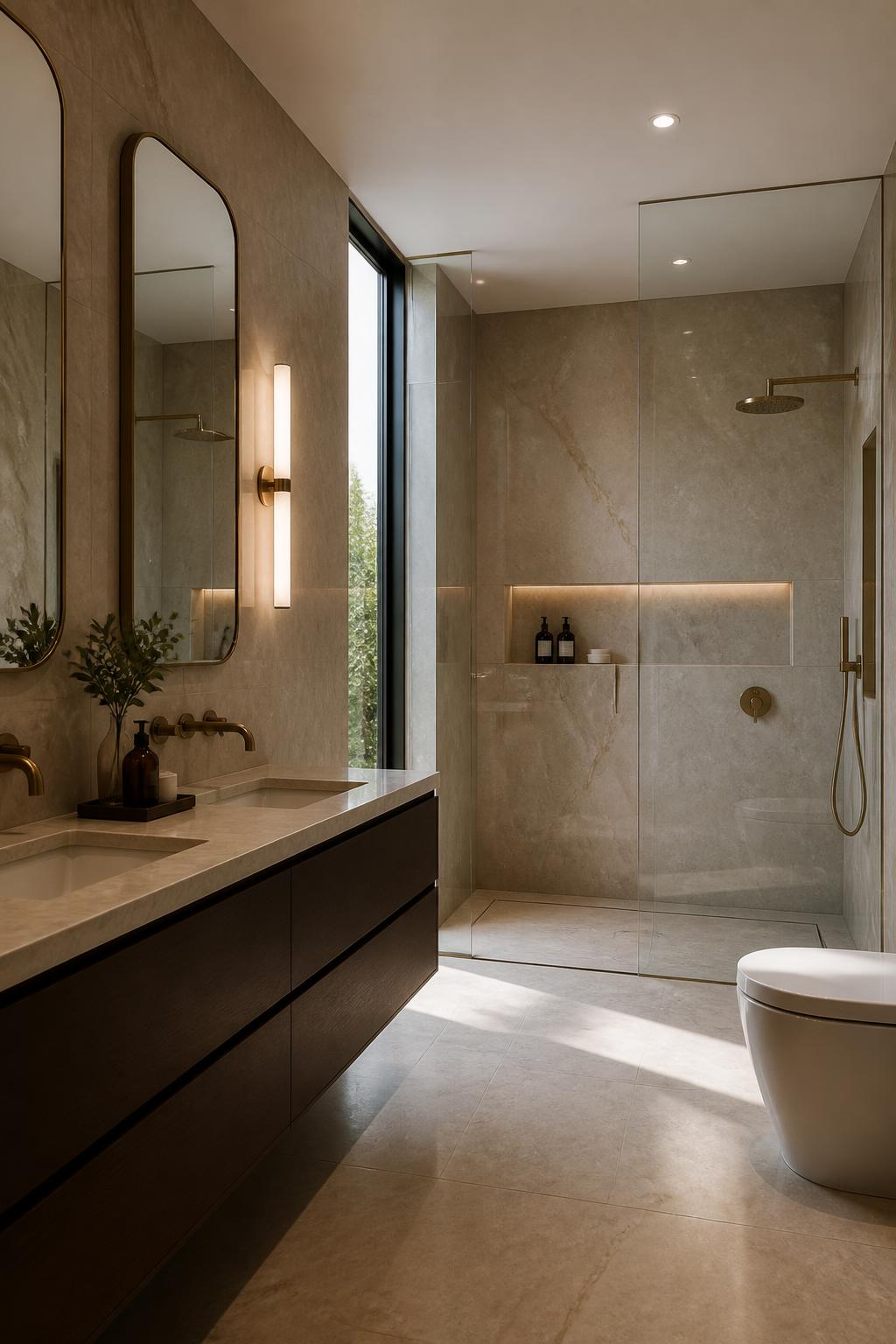 Finished full bath remodel with marble walls and a frameless walk-in shower