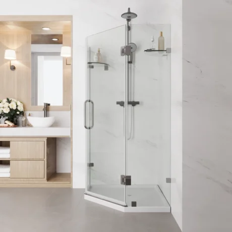 DV-1SD0212 34'' W X 34'' D X 73'' H Frameless Neo-Angle Reversible Shower Enclosure with Built-in Glass Shelves