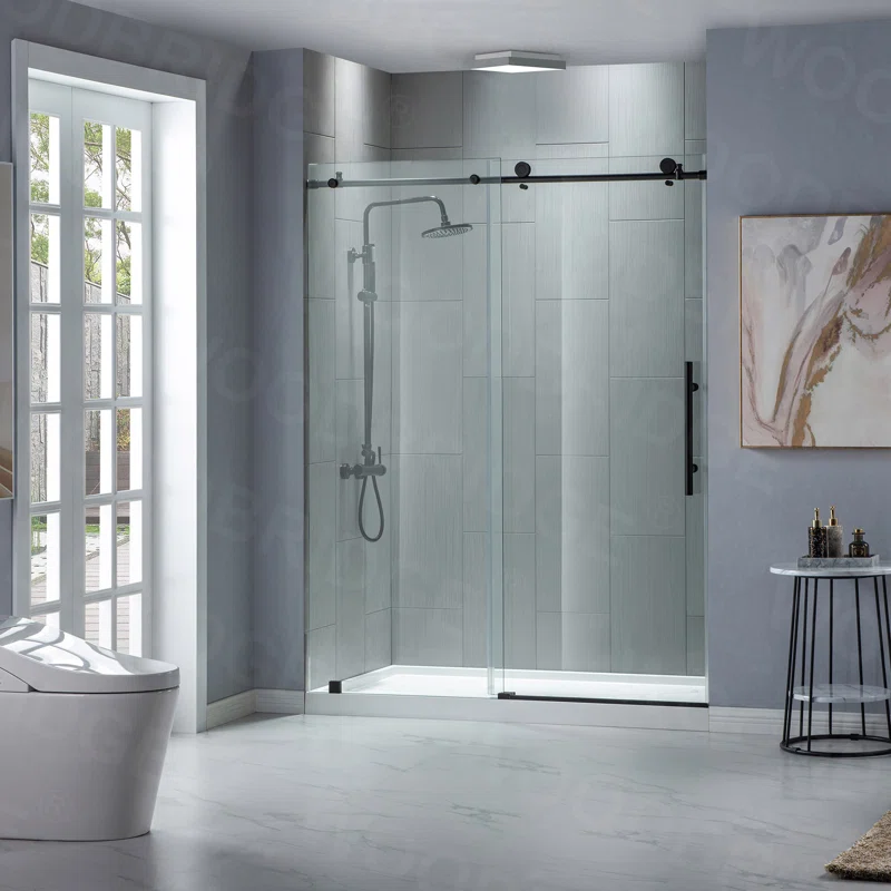 MSDC6076-MBL 56"-60" W x 76" H Single Sliding Frameless Shower Door with 3/8"(10mm) Clear Tempered Glass, Stainless Steel Accessories - Image 2