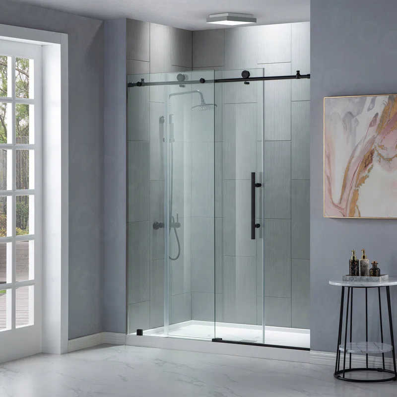 MSDC6076-MBL 56"-60" W x 76" H Single Sliding Frameless Shower Door with 3/8"(10mm) Clear Tempered Glass, Stainless Steel Accessories