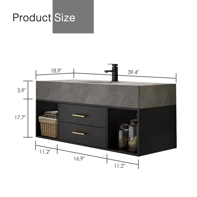Guiles Modern 39" Grey & Black Floating Bathroom Vanity Set Stone Top Wall Mounted Bathroom Cabinet - Image 10