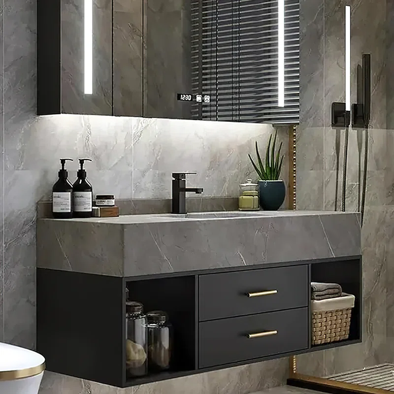 Guiles Modern 39" Grey & Black Floating Bathroom Vanity Set Stone Top Wall Mounted Bathroom Cabinet - Image 2
