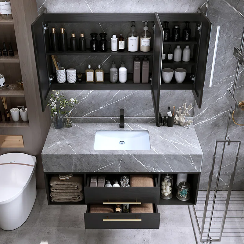 Guiles Modern 39" Grey & Black Floating Bathroom Vanity Set Stone Top Wall Mounted Bathroom Cabinet - Image 3