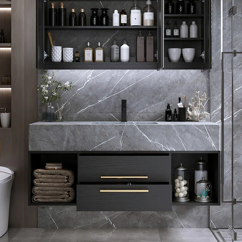 Guiles Modern 39" Grey & Black Floating Bathroom Vanity Set Stone Top Wall Mounted Bathroom Cabinet - Image 4