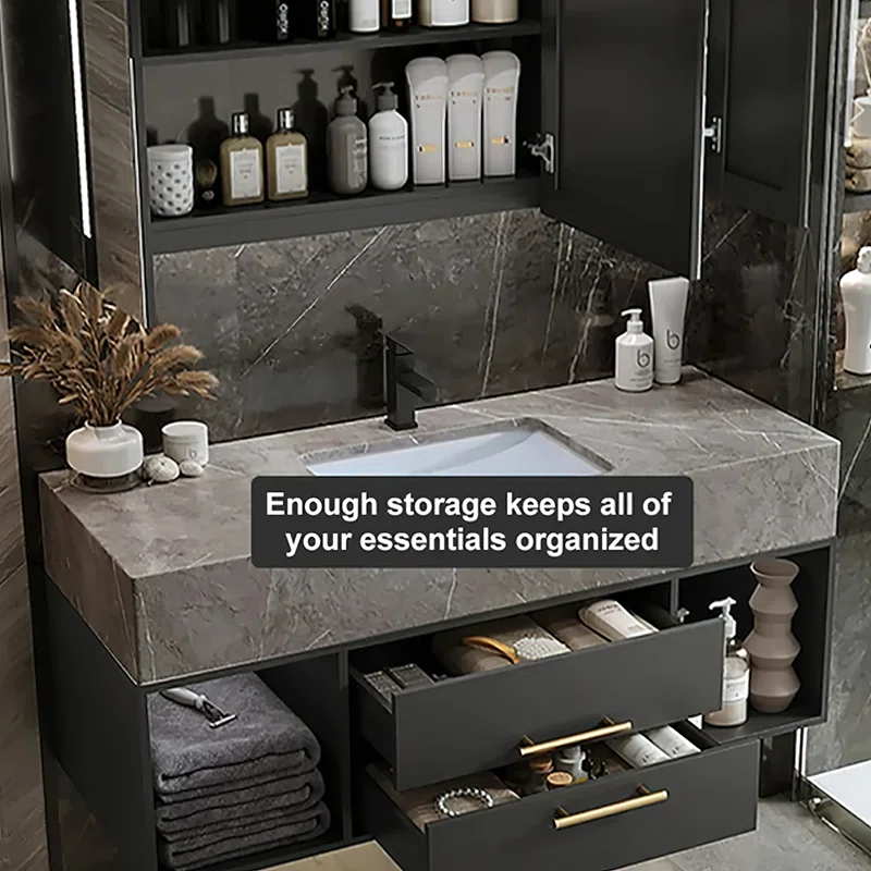 Guiles Modern 39" Grey & Black Floating Bathroom Vanity Set Stone Top Wall Mounted Bathroom Cabinet - Image 9