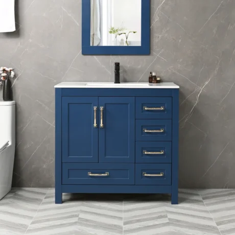 Wimer 36" Modern Single Bathroom Vanity with Ceramic Sink Top, Faucet, Eco-friendly Hand Paint, Assembly Required - Blue Color