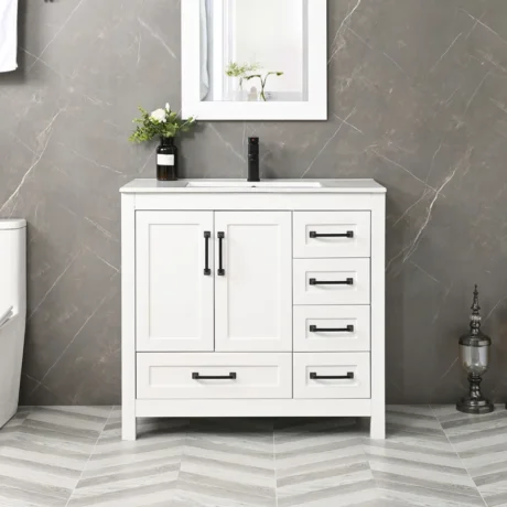 Wimer 36" Modern Single Bathroom Vanity with Ceramic Sink Top, Faucet, Eco-friendly Hand Paint, Assembly Required - White Color