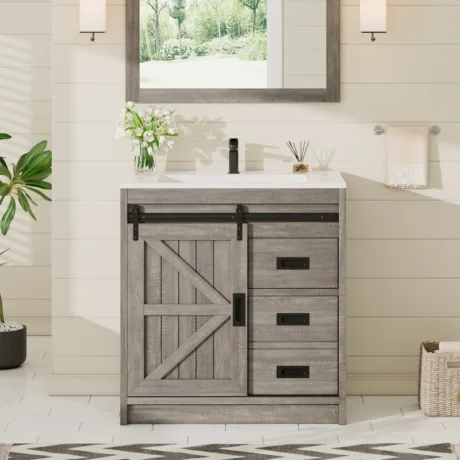 31" Sliding Barn Door Bathroom Vanity with Sink, Farmhouse Small Single Bathroom Vanity Set - Base Finish:  Gray