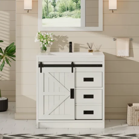 31" Sliding Barn Door Bathroom Vanity with Sink, Farmhouse Small Single Bathroom Vanity Set - Base Finish:  White