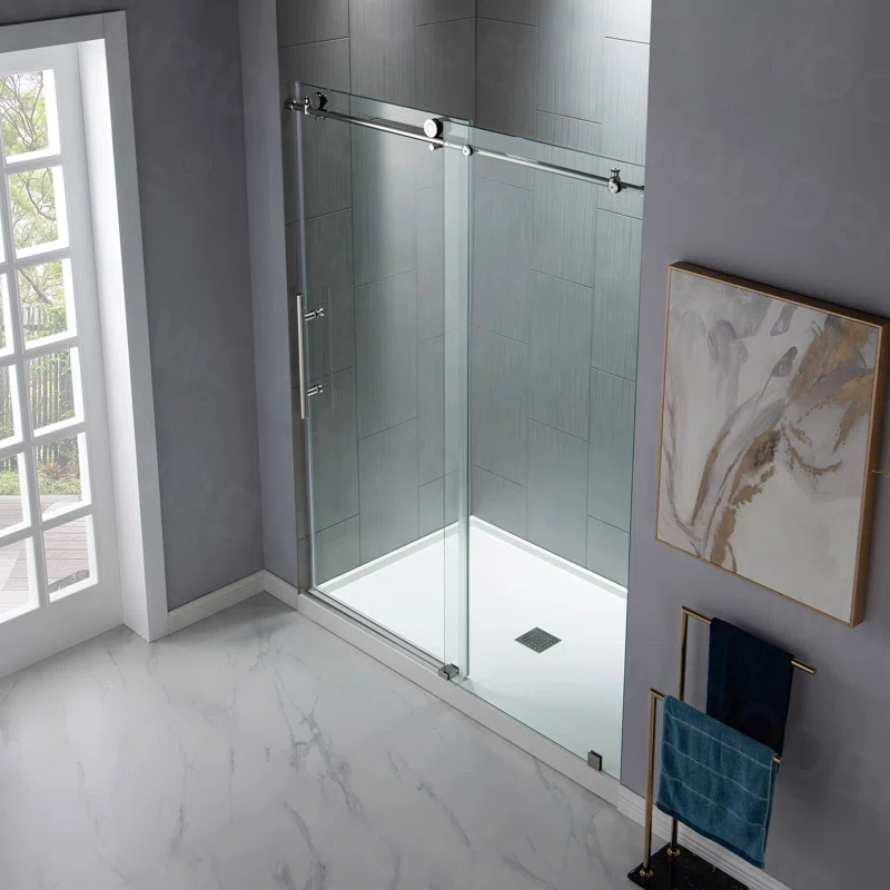 MBSDC6076-C 56"-60" W x 76" H Single Sliding Frameless Shower Door with 3/8"(10mm) Explosion-Proof Clear Tempered Glass, Stainless Steel Accessories - Image 2