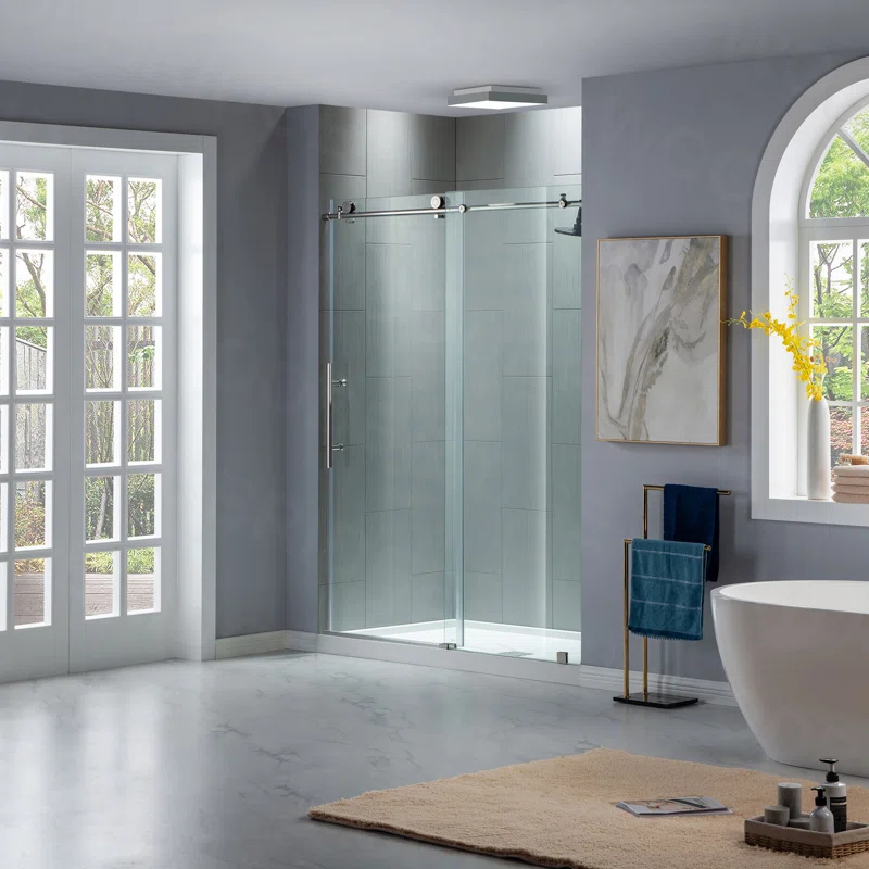 MBSDC6076-C 56"-60" W x 76" H Single Sliding Frameless Shower Door with 3/8"(10mm) Explosion-Proof Clear Tempered Glass, Stainless Steel Accessories - Image 4