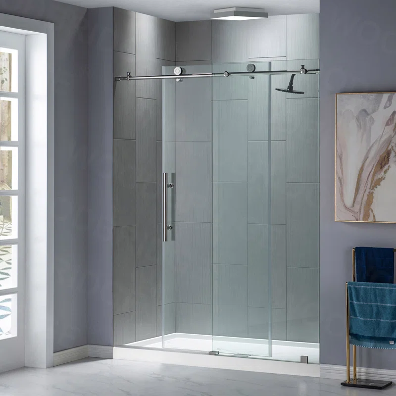 MBSDC6076-C 56"-60" W x 76" H Single Sliding Frameless Shower Door with 3/8"(10mm) Explosion-Proof Clear Tempered Glass, Stainless Steel Accessories - Image 10
