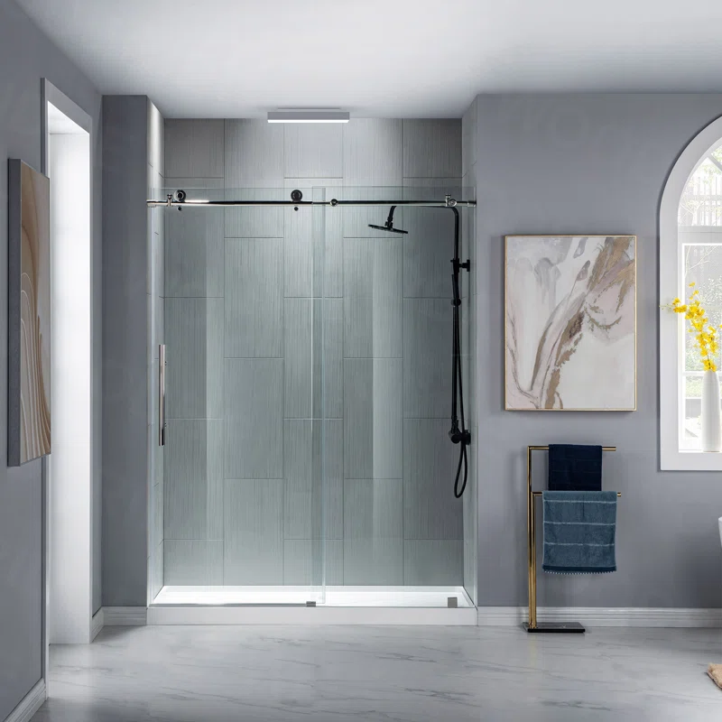 MBSDC6076-C 56"-60" W x 76" H Single Sliding Frameless Shower Door with 3/8"(10mm) Explosion-Proof Clear Tempered Glass, Stainless Steel Accessories