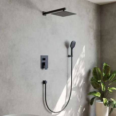 SF10-2FWM6646BK RainfallCascade 10" Wall High-Pressure Balanced Shower System with 3-Setting Hand Shower