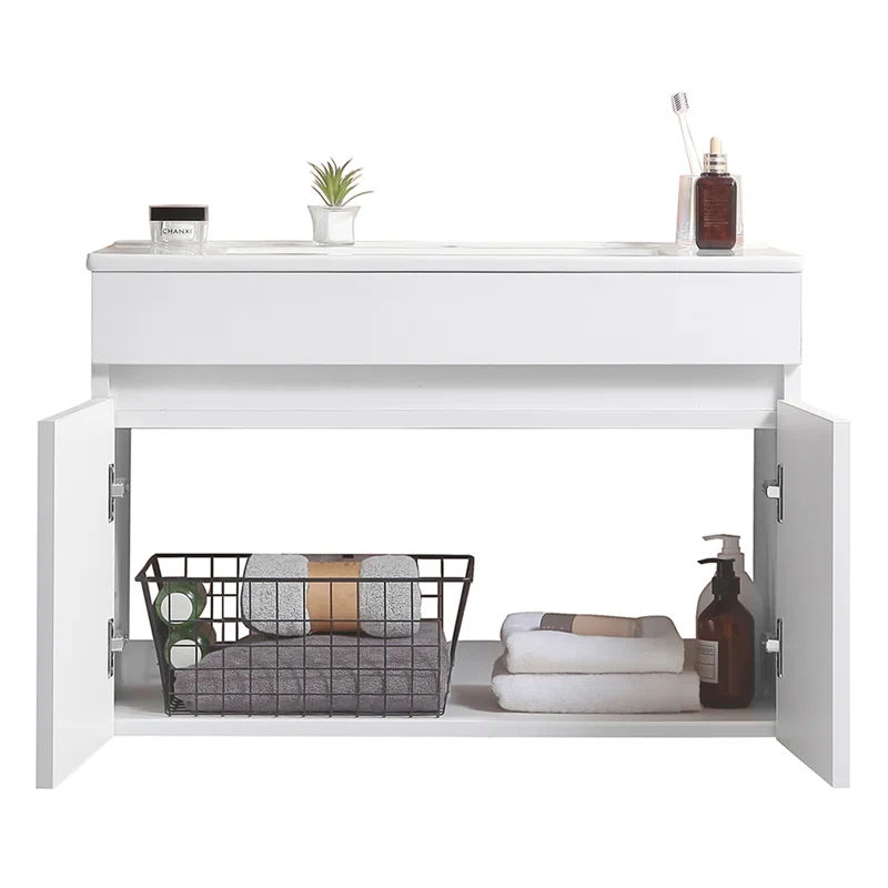 Yessy Bathroom Storage,Wall Mounted Bathroom Vanity with White Ceramic Basin - Base Finish White - Image 2