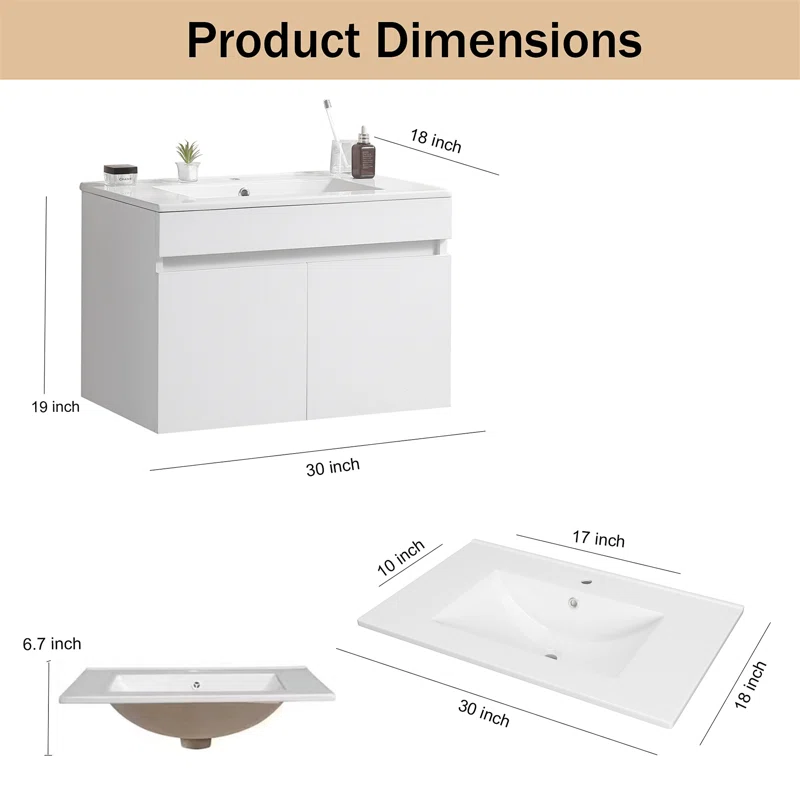 Yessy Bathroom Storage,Wall Mounted Bathroom Vanity with White Ceramic Basin - Base Finish White - Image 4