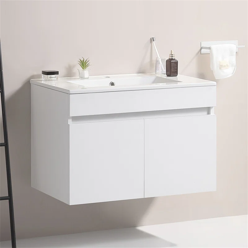 Yessy Bathroom Storage,Wall Mounted Bathroom Vanity with White Ceramic Basin - Base Finish White - Image 5