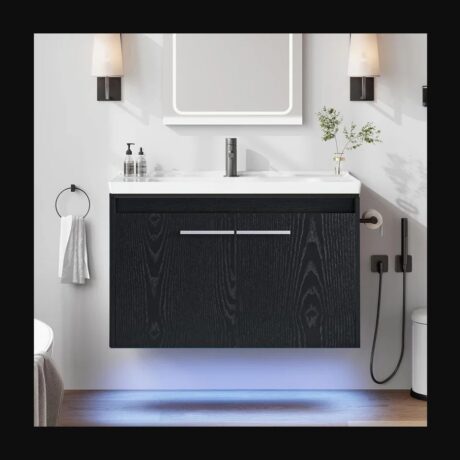Wrought Studio 31 in. Black Floating LED Vanity with Sink – W115272265